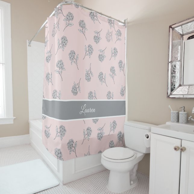 Timeless Botanical Bloom Soft Pink Monogram  Shower Curtain (In Situ)