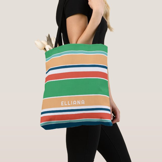 Timeless Bright Colourful Summer Art Stripes Tote Bag (Close Up)