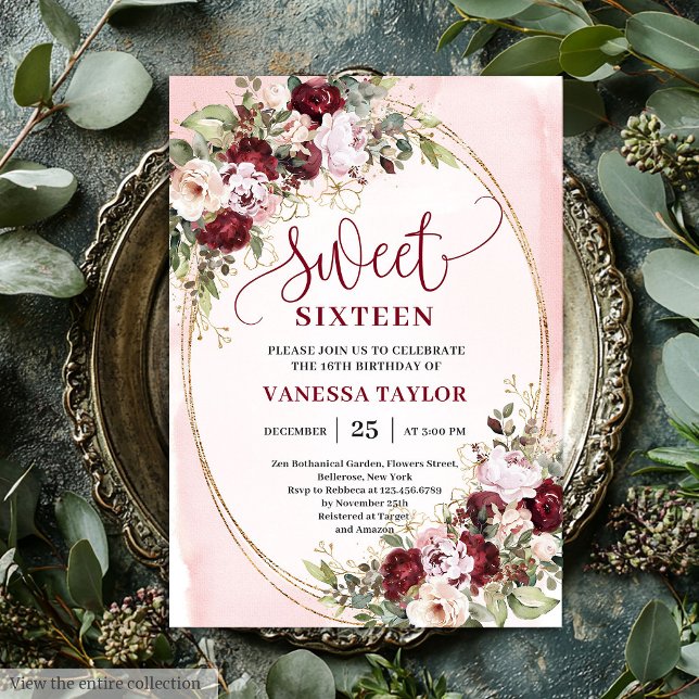 Timeless Burgundy Blush Floral Sweet 16 Invite (Timeless Burgundy Blush Floral Sweet 16 Invite)