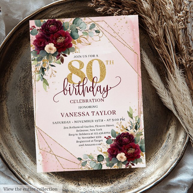 Timeless Burgundy Blush Gold Roses 80th Birthday   Invitation (Timeless Burgundy Blush Gold Roses 80th Birthday Invitation)