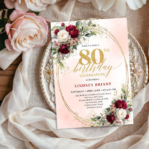 Timeless Burgundy Boho Floral 80th Birthday Invite
