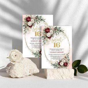 Timeless Burgundy Floral Eucalyptus Gold Sweet 16 Invitation