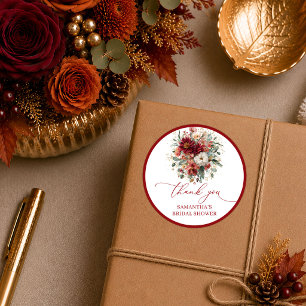 Timeless burgundy floral fall bridal shower sticke classic round sticker