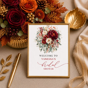 Timeless burgundy floral fall bridal shower welcom poster