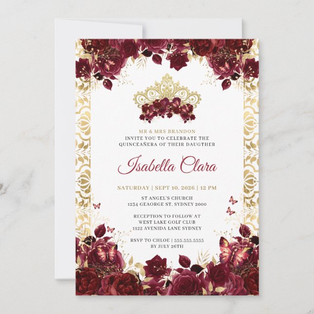 Timeless Burgundy Floral Gold Arch Quinceanera Invitation (Front)