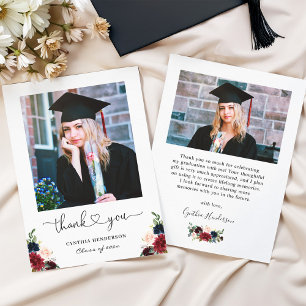Timeless Burgundy Florals Graduate Photo Thank You Card
