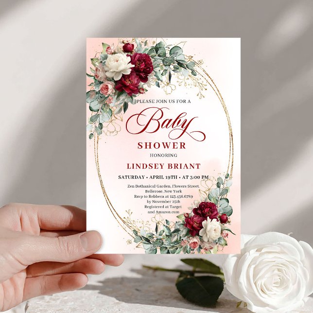 Timeless Burgundy Gold Floral Baby Shower Invite (Timeless Burgundy Gold Floral Baby Shower Invite)