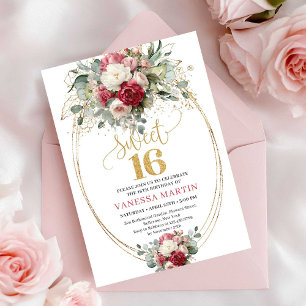 Timeless Burgundy White Greenery Sweet Sixteen Invitation