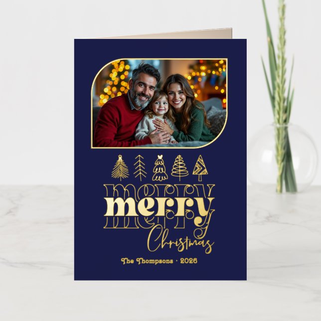 Timeless Chic Hand Drawn Merry Christmas Photo Foil Holiday Card (Front)