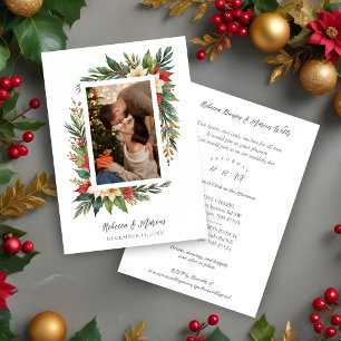 Timeless Christmas Poinsettia Photo Wedding Invitation