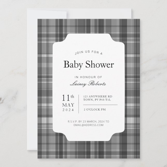 Timeless Classic Grayscale Monochrome Madras Plaid Invitation (Front)