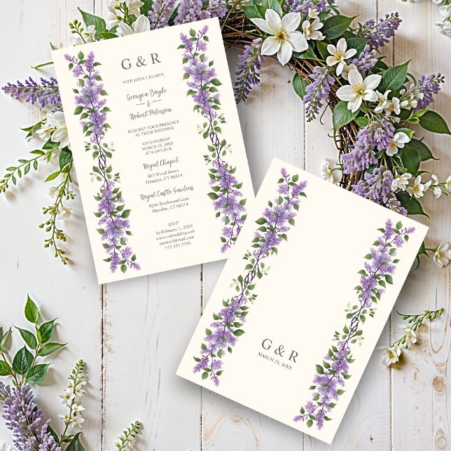 Timeless Classic Lilac Flowers Branches Wedding Invitation (Chic Timeless Classic Lilac Flowers Branches Wedding Invitations Cards with Initials. )
