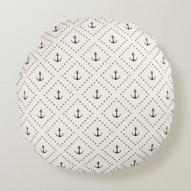 Timeless Classic Nautical Anchor Pattern Round Cushion (Front)