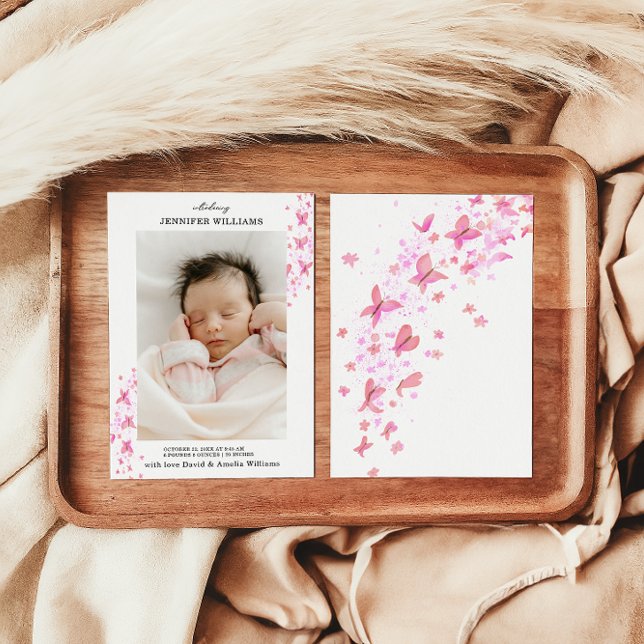 Timeless Classic Pink Butterfly Flat Baby Announcement (Creator Uploaded)