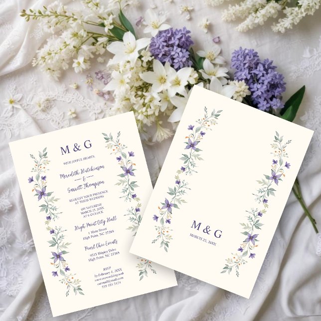 Timeless Classic Purple Flowers Branches Wedding Invitation (Timeless Classic Purple Flowers & Branches Garlands Wedding Invitations Cards with Initials. )