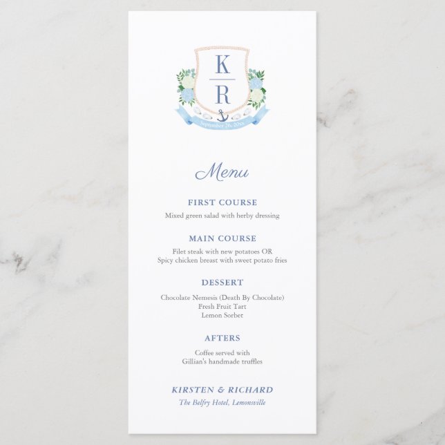Timeless Coastal Monogram Individual Place Names Menu (Front)