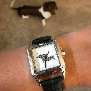 Timeless Dachshund Charm: Grey Plaid Leather Band Watch