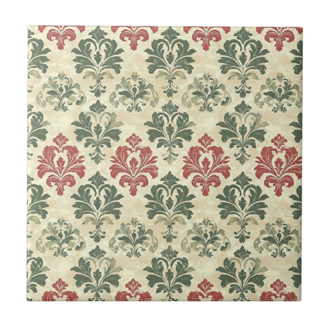 Timeless Damask Red Green Beige Vintage Look Tile (Front)