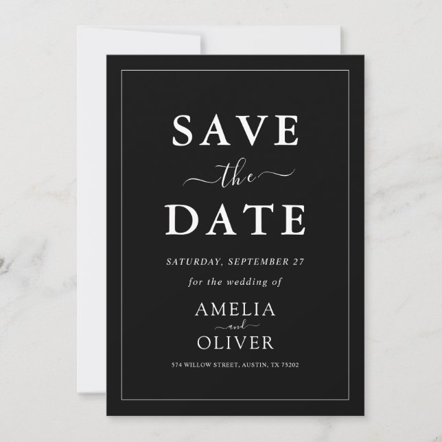 Timeless Dark Black Modern Minimalist Wedding Save The Date (Front)