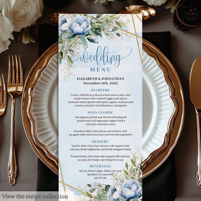 Timeless Dusty Blue Gold Glitter Frame Wedding  Menu (Timeless Dusty Blue Gold Glitter Frame Wedding Menu)