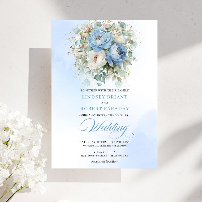 Timeless Dusty Blue White Flowers Gold Wedding Invitation (Timeless Dusty Blue White Flowers Gold Wedding)