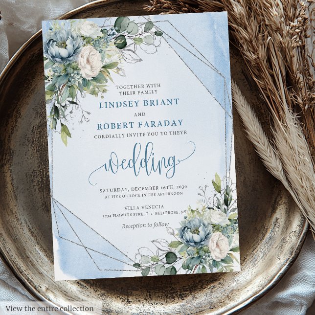 Timeless Dusty Blue White Silver Peonies Wedding  Invitation (Timeless Dusty Blue White Silver Peonies Wedding Invitation)