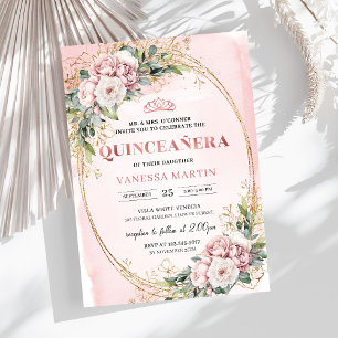 Timeless Dusty Pink Floral Greenery Quinceañera  Invitation