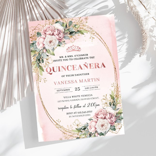 Timeless Dusty Pink Floral Greenery Quinceañera  Invitation (Timeless Dusty Pink Floral Greenery Quinceañera Invitation

)
