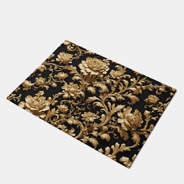Timeless Elegance: Black and Gold Floral  Doormat (Angled)