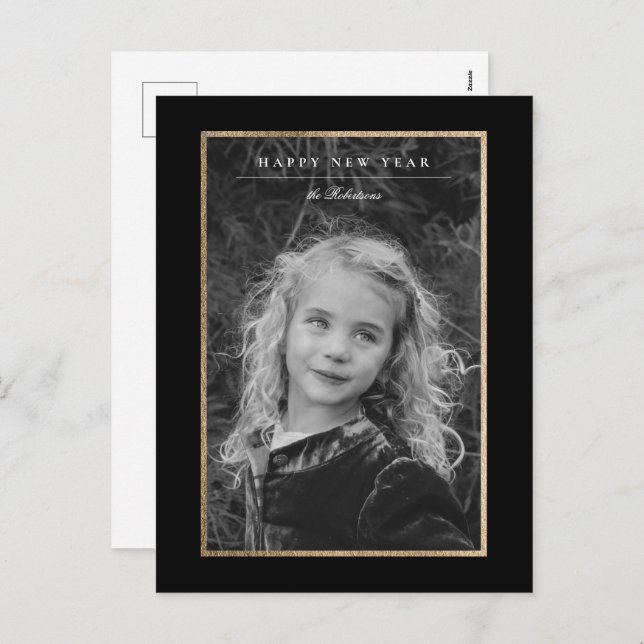 Timeless Elegance Black & Gold New Year Photo Card (Front/Back)