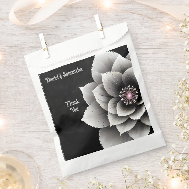 Timeless Elegance: Black & Silver Blossom Wedding  Favour Bags (Clipped)