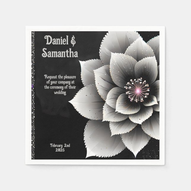 Timeless Elegance: Black & Silver Blossom Wedding  Napkin (Front)