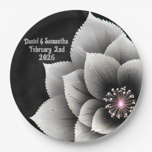 Timeless Elegance: Black & Silver Blossom Wedding Paper Plate