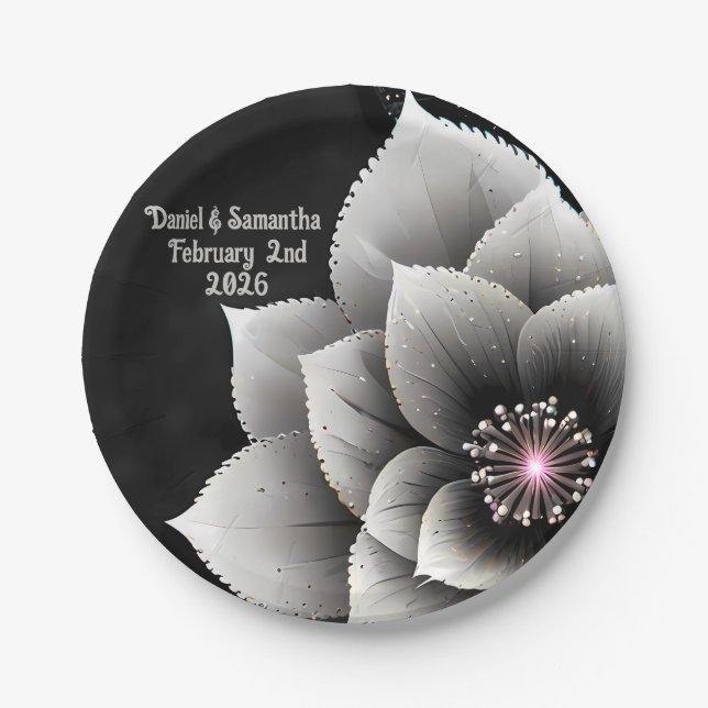 Timeless Elegance: Black & Silver Blossom Wedding  Paper Plate (Front)