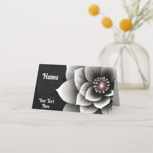 Timeless Elegance: Black & Silver Blossom Wedding  Place Card (Front)
