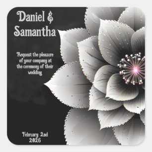 Timeless Elegance: Black & Silver Blossom Wedding Square Sticker