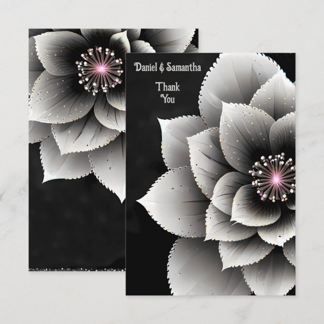 Timeless Elegance: Black & Silver Blossom Wedding  Thank You Card (Front/Back)