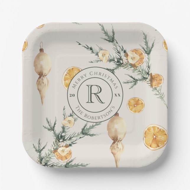 Timeless Elegance: Chic Monogrammed Christmas Paper Plate (Front)