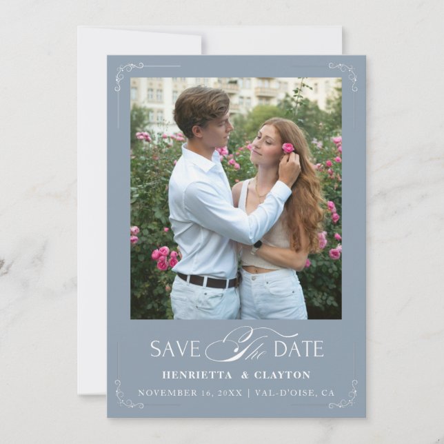 Timeless Elegance Dusty Blue Save The Date (Front)
