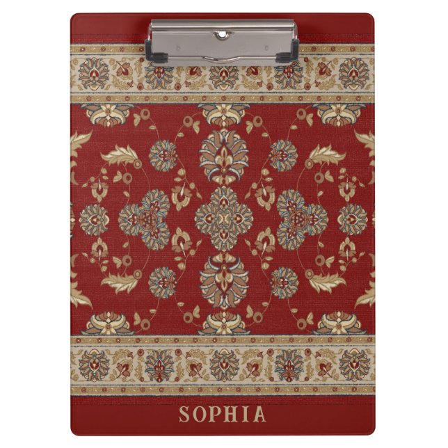 Timeless Elegance Red Beige Classic Fabric Name Clipboard (Front)