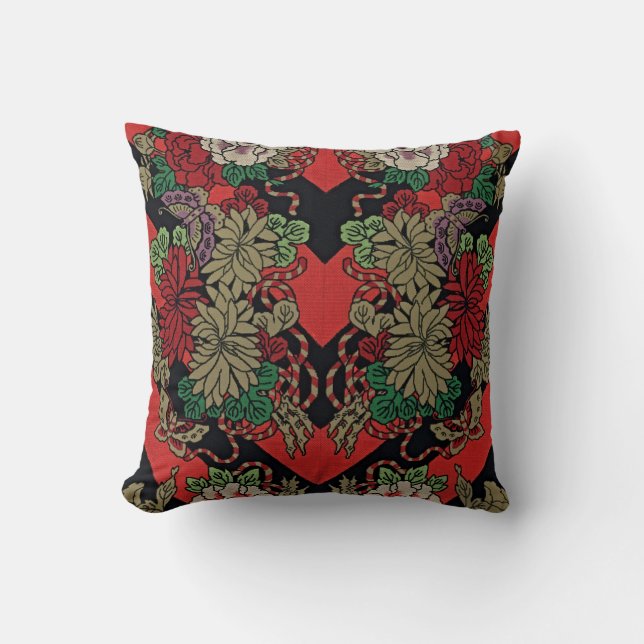 Timeless Elegance: Red Japanese Vintage Floral Cushion (Front)