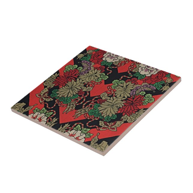 Timeless Elegance: Red Japanese Vintage Floral Tile (Side)