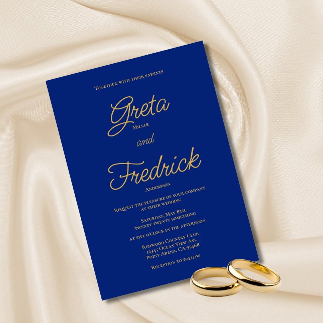 Timeless Elegance Royal Blue Gold Script Wedding Invitation (Creator Uploaded)
