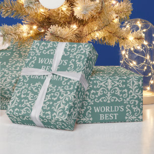 Timeless Elegance World's Best Grandma Damask Teal Wrapping Paper