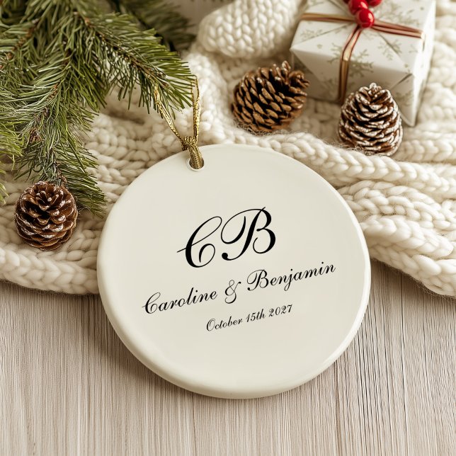 Timeless Elegant Black and White Script Monogram Ceramic Tree Decoration (Creator Uploaded)
