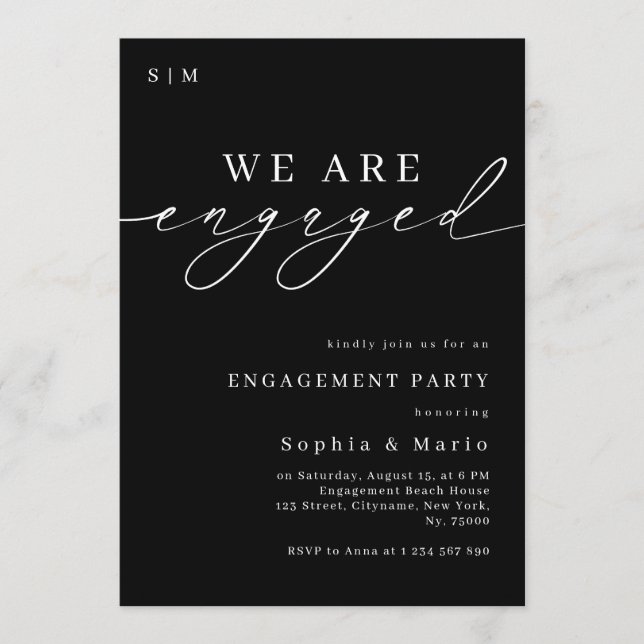 Timeless Elegant Monogram Black Engagement Party Invitation (Front)