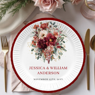 Timeless Fall Maroon Floral Wedding Paper Plates