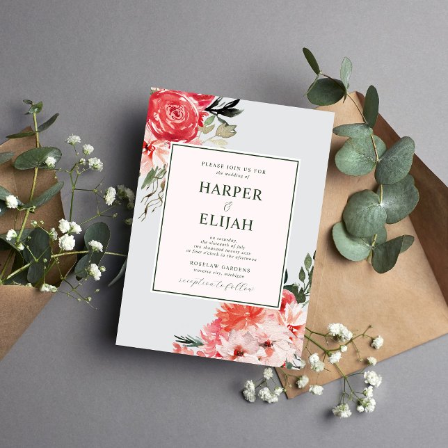 Timeless Floral Blush Red Greenery Wedding Invitation (Creator Uploaded)