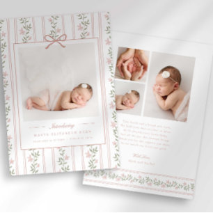 Timeless Floral Bow Photo Birth Announcement