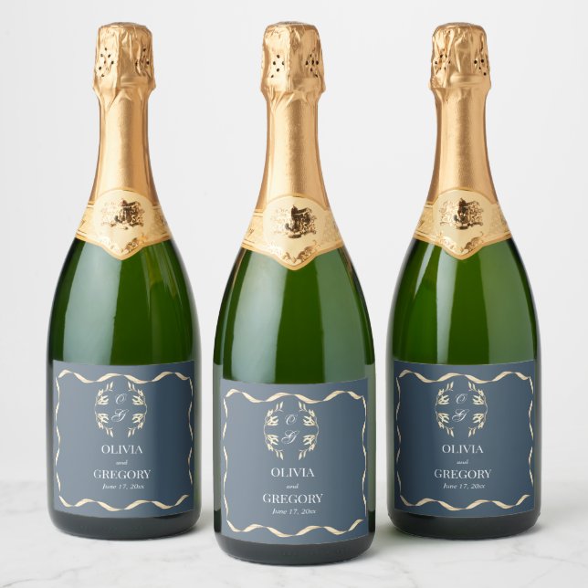 Timeless Floral Symphony in Blue wedding Sparkling Wine Label (Bottles)
